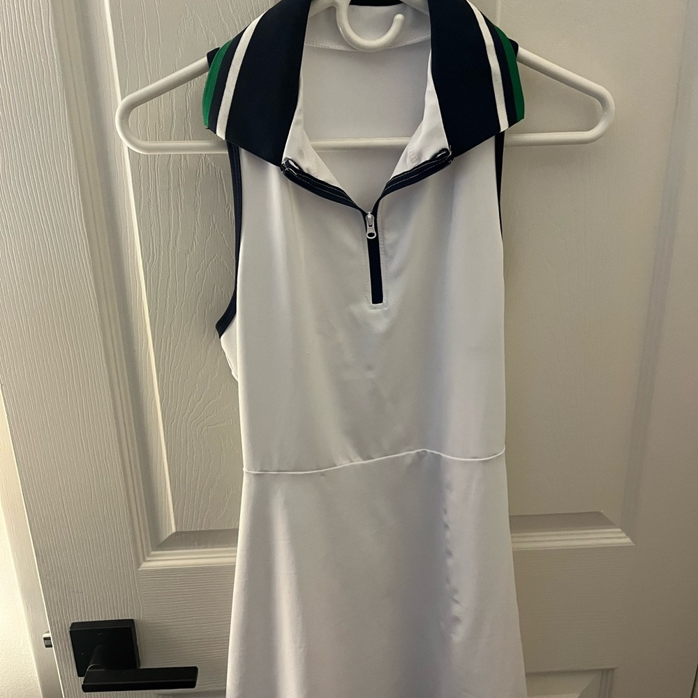 Sleeveless White Dress with Navy and Green Accents